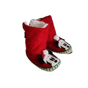 Disney Store Mickey Mouse Santa Claus Fleece Lined Christmas Slippers Kids 9-10